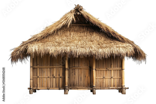 A rustic bamboo hut with a thick thatched roof, embodying simplicity and traditional craftsmanship against a clean white background.