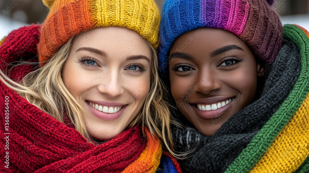 Two women smiling warmly, wearing colorful winter hats and scarves Two women smiling warmly, wearing colorful winter hats and scarves