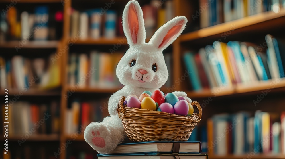 Easter bunny with eggs sitting on a stack of books in a bookstore, spring offer of the store
