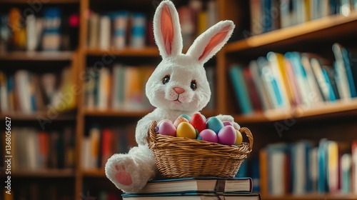 Obraz na płótnie Easter bunny with eggs sitting on a stack of books in a bookstore, spring offer of the store w salonie