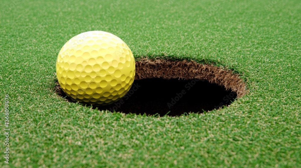 Naklejka premium Almost in! Yellow Golf Ball Nearing the Hole on Putting Green