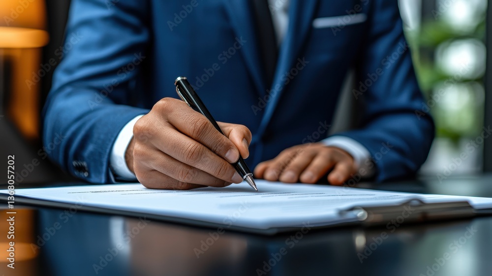 A man in a suit is writing on a piece of paper A man in a suit is writing on a piece of paper