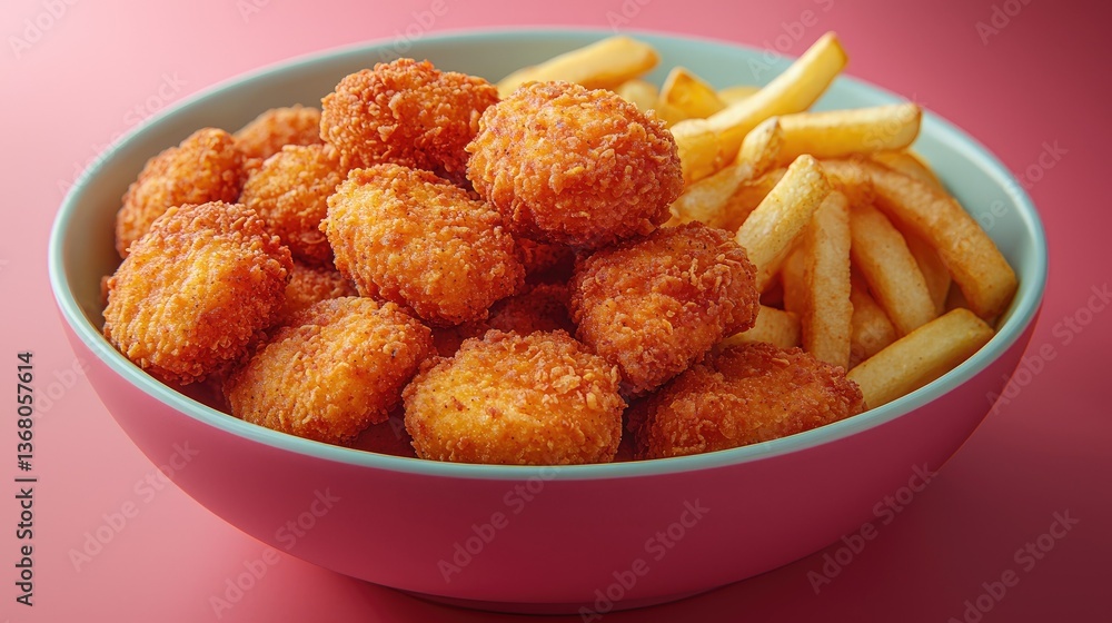 A Bowl Filled With Fried Nuggets And French Fried Potatoes A Bowl Filled With Fried Nuggets And French Fried Potatoes