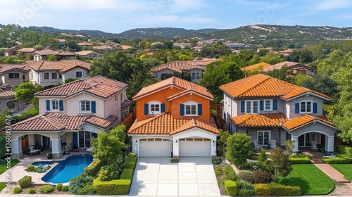 Aerial view of a row of houses with terracotta roofs, lush landscaping, and a pool