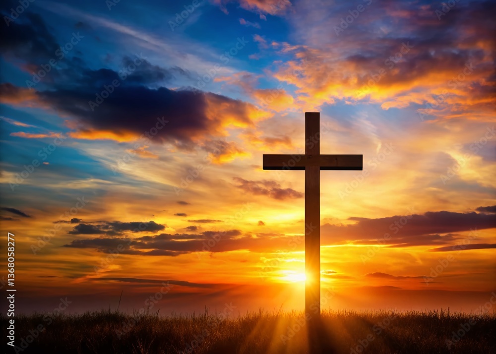 Silhouette of a Cross Design Against a Sunset, Religious Symbol, Christian Faith Silhouette of a Cross Design Against a Sunset, Religious Symbol, Christian Faith