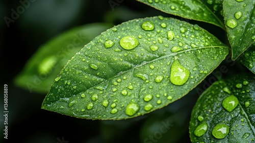 This macro photograph captures fresh green leaves adorned with dew drops sparkling in the light, highlighting the beauty of nature's intricacies and freshness.