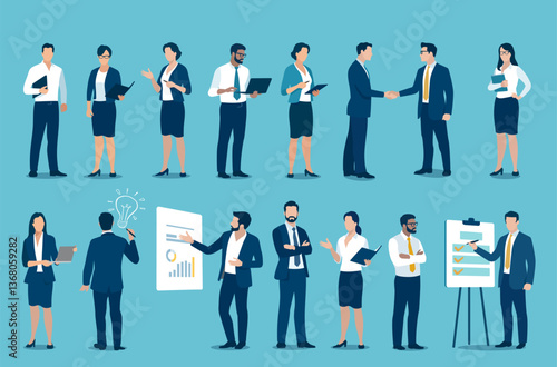 Business concept office work. Set of business characters at various positions. Business vector illustration.