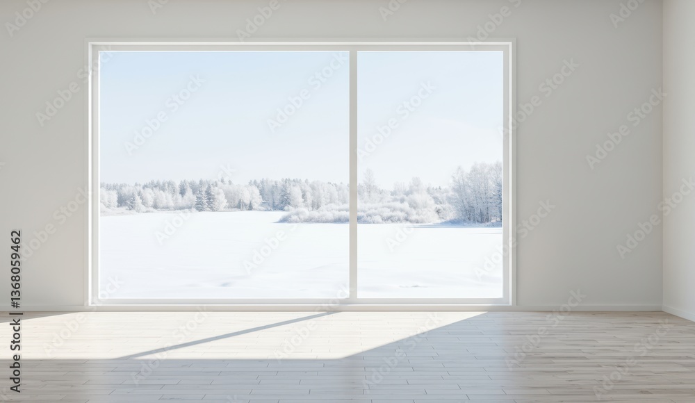 Fototapeta premium Empty room features large window with snowy winter landscape outside, highlighting minimalist design and serene atmosphere.