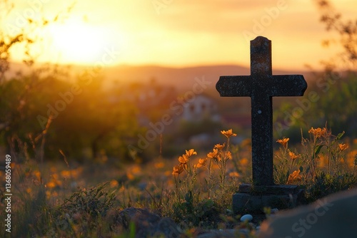 A somber cross at sunset, bathed in golden light.
