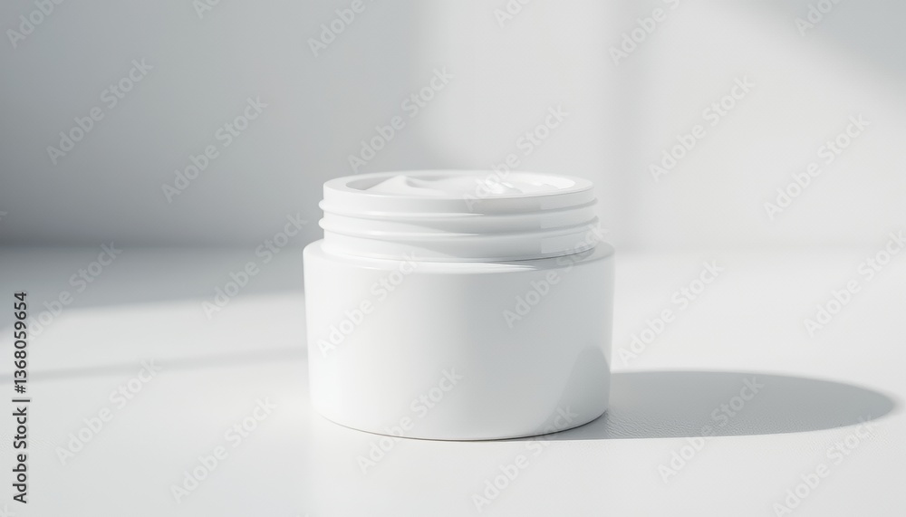 Minimalist White Cosmetic Jar with Cream in Soft Natural Light Minimalist White Cosmetic Jar with Cream in Soft Natural Light