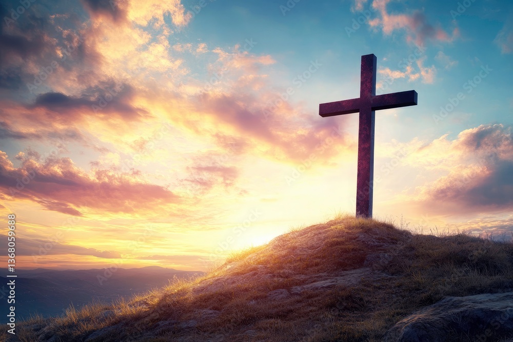 Majestic Cross on Mountaintop at Sunrise Majestic Cross on Mountaintop at Sunrise