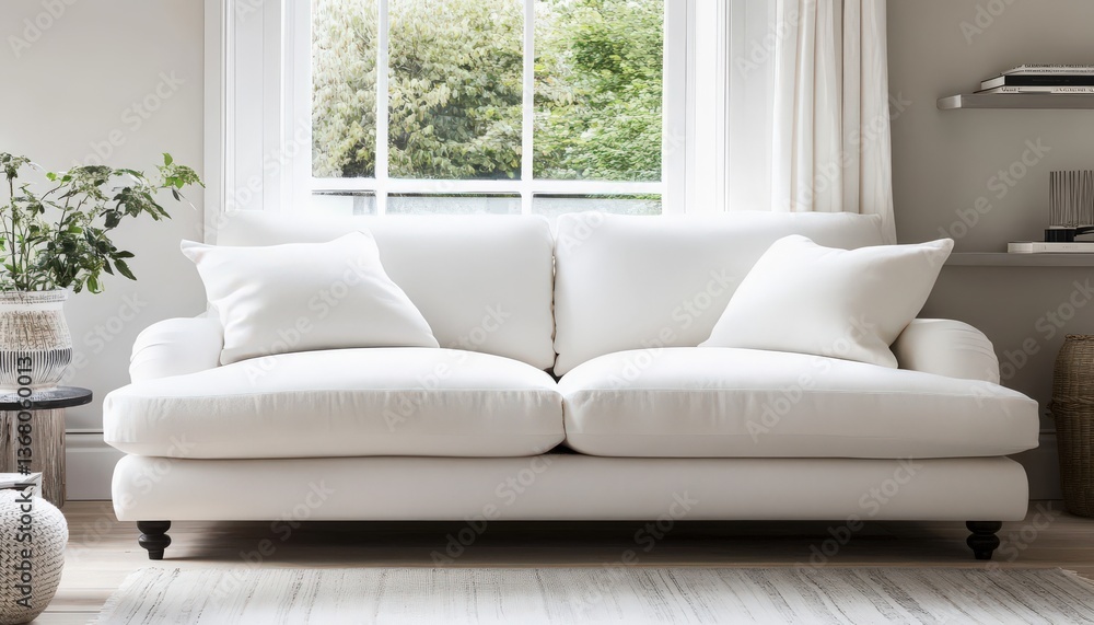 Fototapeta premium Comfortable White Sofa in a Bright Living Room with Natural Light and Greenery Relaxing Home Interior Design
