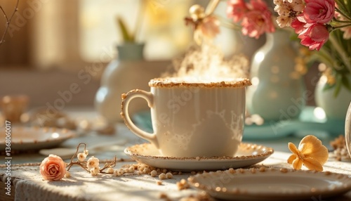 Elegant cup of steaming coffee with decorative rim and flowers on a dining table, Easter ambiance