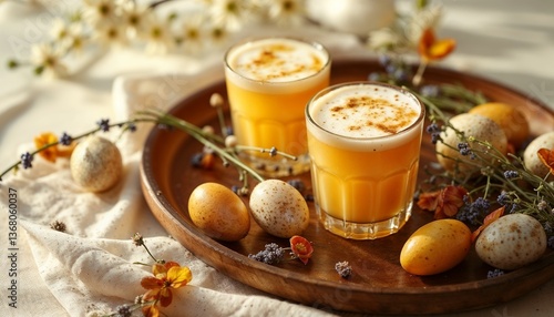 Colorful drinks in glasses accompanied by Easter eggs and flowers on a wooden platter, festive mood