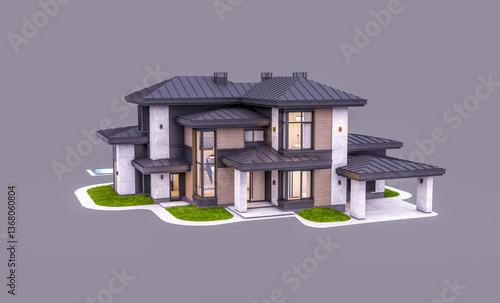 3d rendering of modern two story house with gray and wood accents, large windows, parking. In the evening Isolated on gray