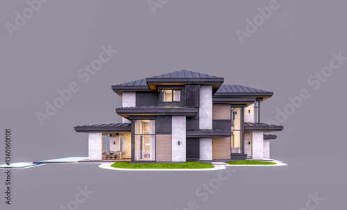 3d rendering of modern two story house with gray and wood accents, large windows, parking. In the evening Isolated on gray
