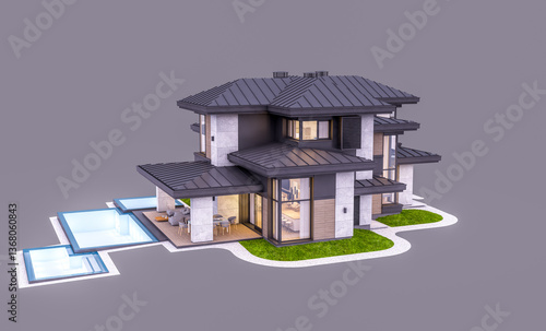 3d rendering of modern two story house with gray and wood accents, large windows, parking. In the evening Isolated on gray