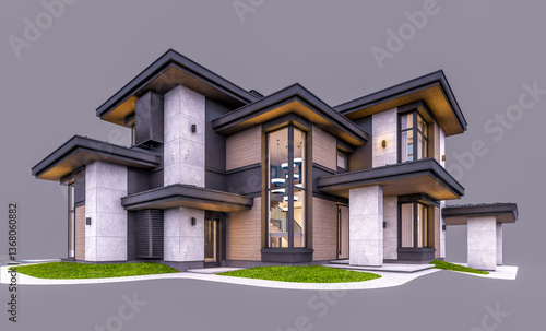 3d rendering of modern two story house with gray and wood accents, large windows, parking. In the evening Isolated on gray