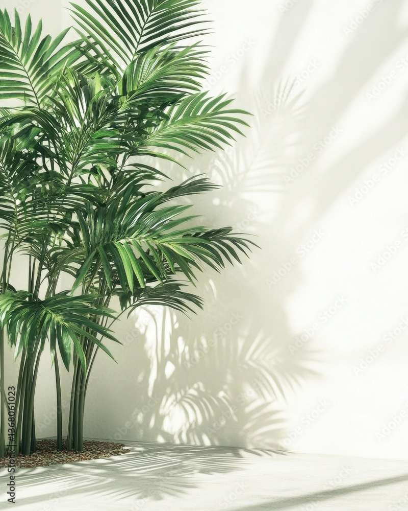 Obraz premium A vibrant green potted plant sits against a clean white wall, its lush leaves cascading gracefully over the edges of the terracotta pot, adding a touch of nature to the minimalist space.