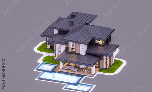 3d rendering of modern two story house with gray and wood accents, large windows, parking. In the evening Isolated on gray