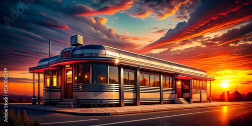 Silhouette of Classic American Diner at Sunset - Retro Americana Design