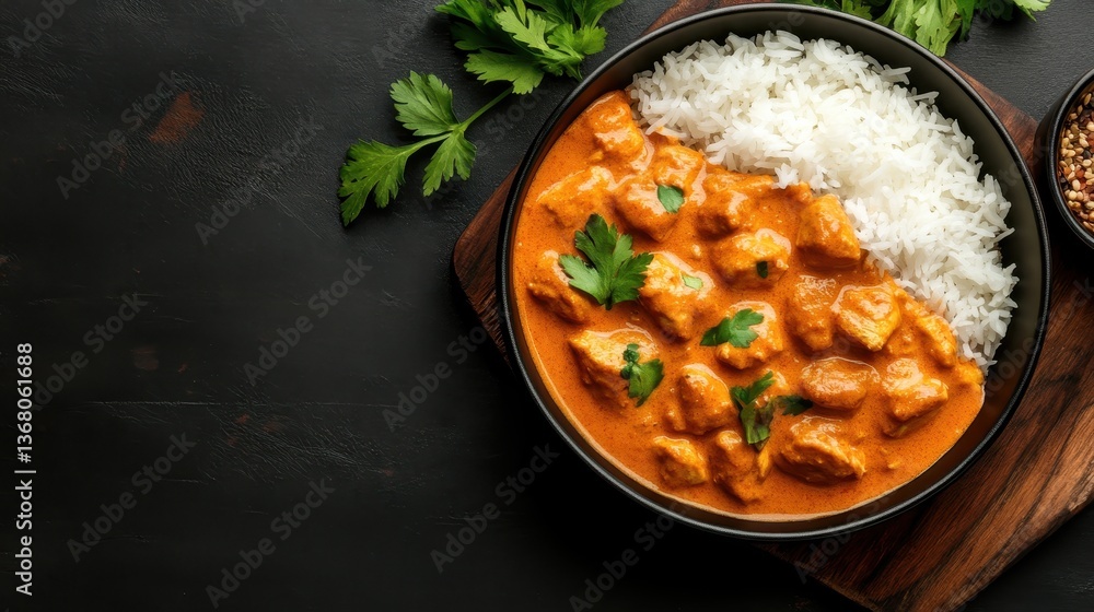 A delectable serving of chicken curry sits elegantly beside fluffy white rice, garnished with fresh cilantro, inviting a burst of vibrant flavor and culinary adventure. A delectable serving of chicken curry sits elegantly beside fluffy white rice, garnished with fresh cilantro, inviting a burst of vibrant flavor and culinary adventure.