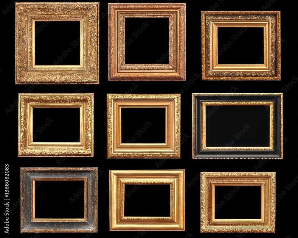 A stylish collection of six ornate frames, featuring a mix of shimmering gold and elegant silver finishes. Each frame showcases intricate designs, perfect for displaying cherished photos or artwork. A stylish collection of six ornate frames, featuring a mix of shimmering gold and elegant silver finishes. Each frame showcases intricate designs, perfect for displaying cherished photos or artwork.
