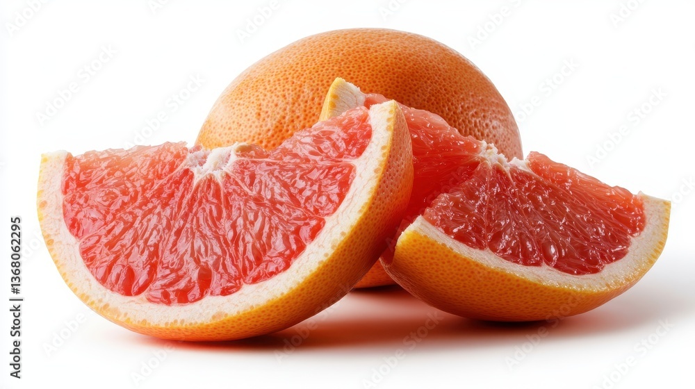 Beautifully arranged grapefruit segments on a clean white surface, emphasizing their vivid colors and delicious juiciness, suitable for food photography and health showcases. Beautifully arranged grapefruit segments on a clean white surface, emphasizing their vivid colors and delicious juiciness, suitable for food photography and health showcases.