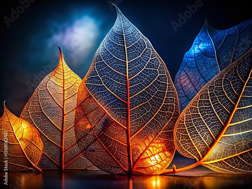 Silhouette of Decorative Skeleton Leaves on a Dark Background - Halloween Stock Photo