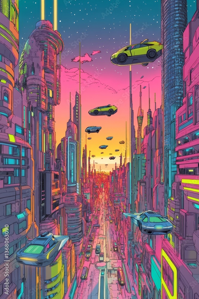 Colorful futuristic city with flying vehicles. Colorful futuristic city with flying vehicles.