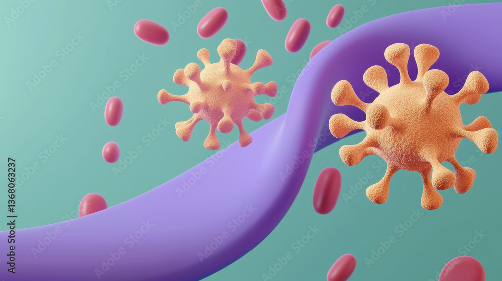 Naklejka premium 3D illustration of virus particles blood cells representing COVID 19 impact on health
