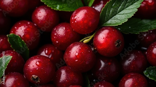 Wallpaper Mural Detailed view of dewy red cranberries nestled among green leaves, emphasizing their freshness and appealing texture, a great image for health and food-related contexts. Torontodigital.ca
