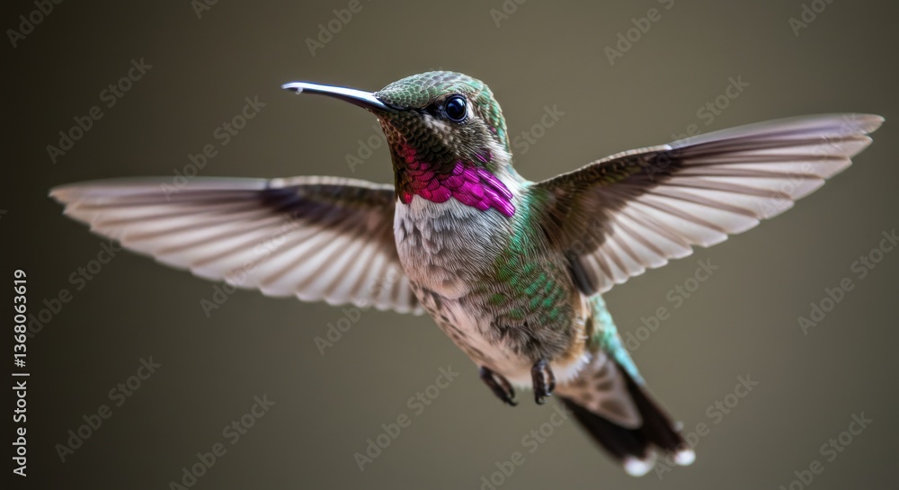 Fototapeta premium Vibrant hummingbird hovering mid-air with iridescent feathers against a blurred backdrop