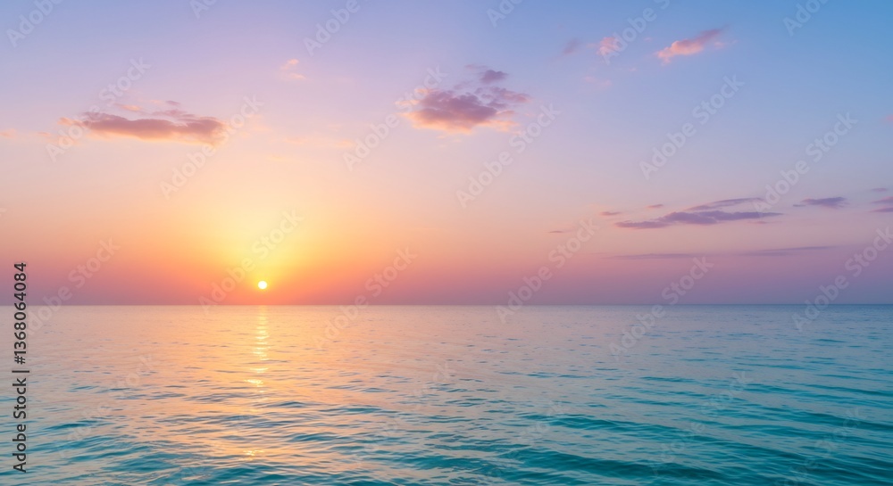 Naklejka premium Serene pastel sunset reflects gently on calm ocean waters. AI Generated