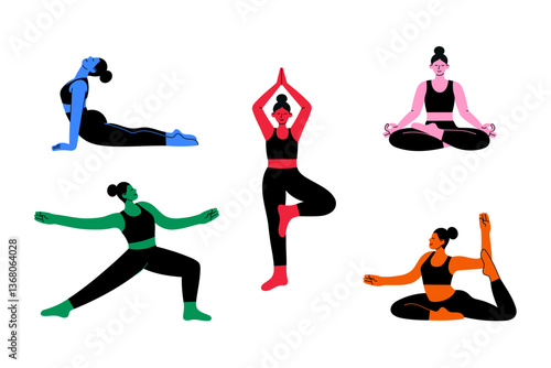 Yoga poses vector set: meditation, stretching, balance, relaxation, fitness, exercise. Women practicing yoga. Perfect for wellness, mindfulness, and healthy lifestyle designs