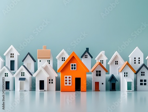 Quaint collection of minimalist white residential structures with a singular orange home standing out amidst the crowd showcasing real estate photography of model properties for prospective buyers