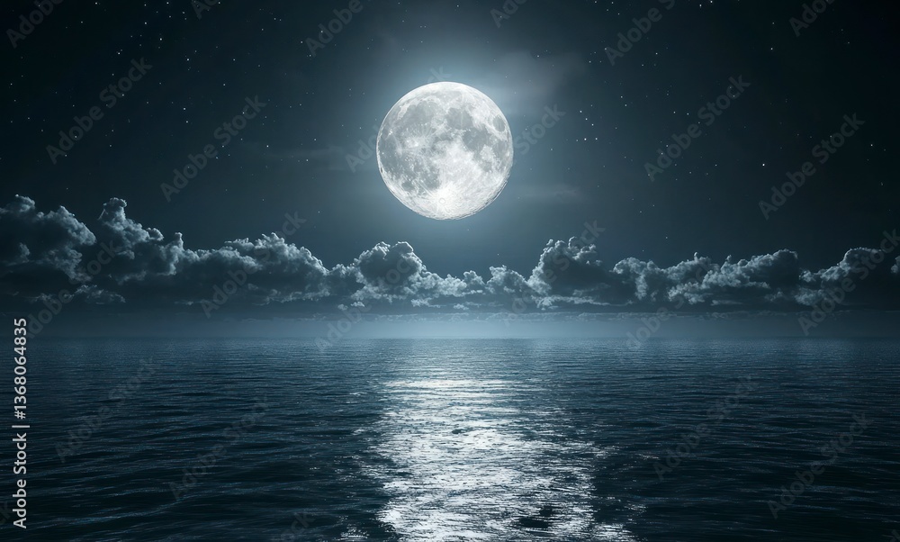 Full Moon Shines Over Calm Ocean with Cloudscape and Starry Sky Full Moon Shines Over Calm Ocean with Cloudscape and Starry Sky