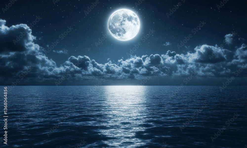 Full Moon Shining Over Calm Ocean Waters at Night with Clouds Full Moon Shining Over Calm Ocean Waters at Night with Clouds