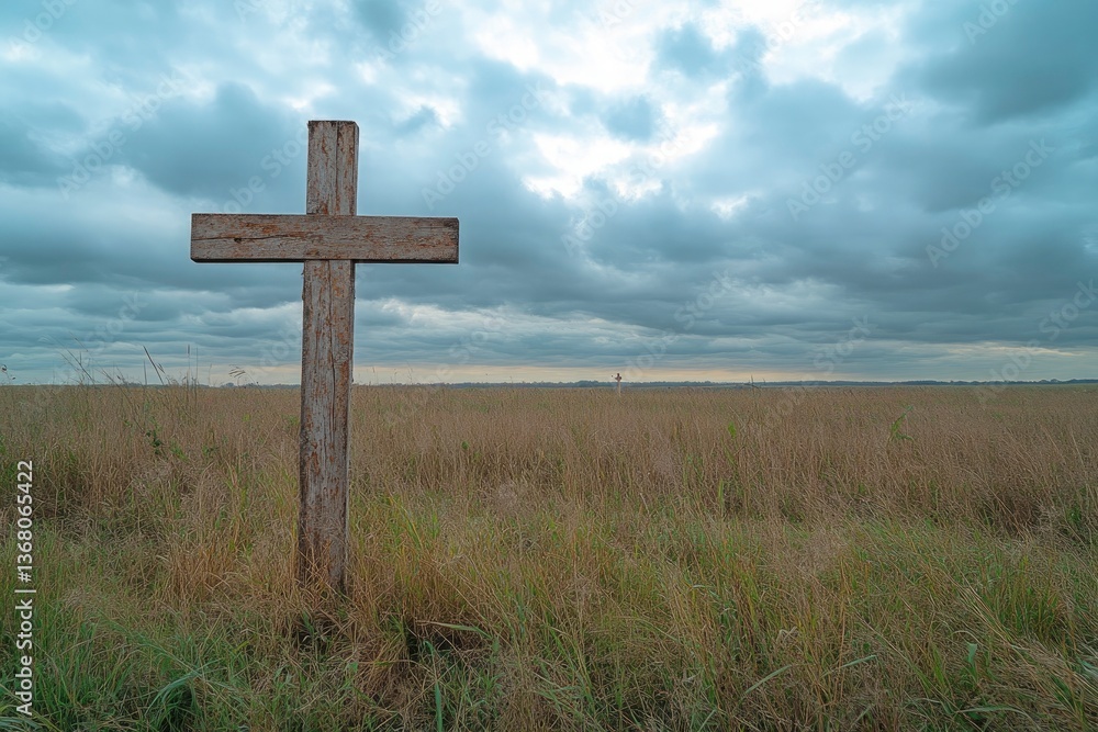 Weathered Wooden Cross in a Vast Field Under a Dramatic Sky Weathered Wooden Cross in a Vast Field Under a Dramatic Sky