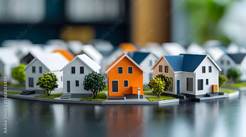 custom made wallpaper toronto digitalRows of identical miniature model homes representing the real estate industry with a single vibrant orange house standing out among the neutral toned structures