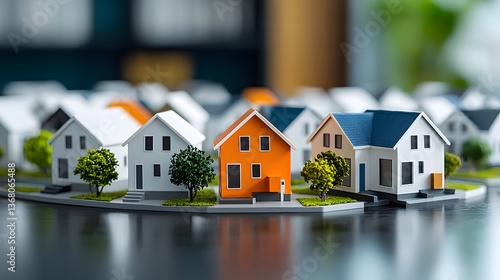 Wallpaper Mural Rows of identical miniature model homes representing the real estate industry with a single vibrant orange house standing out among the neutral toned structures Torontodigital.ca