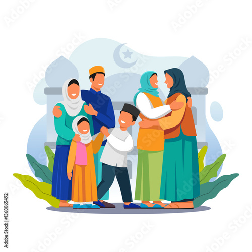 Family and friends gather to celebrate Eid al-Fitr while shaking hands and hugging after Eid prayer. Vector illustration. Eid celebration. Happy Ramadan. Islamic flat design.