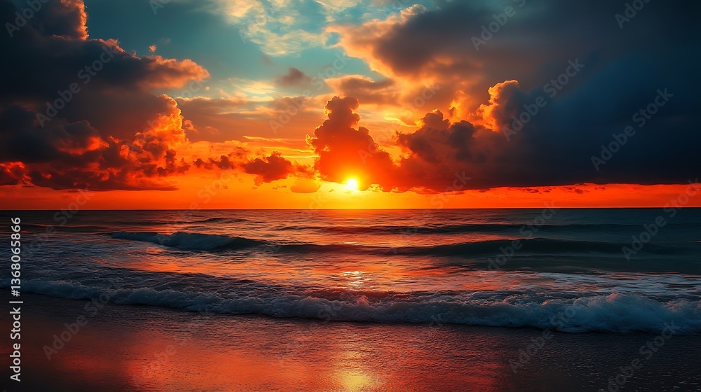 Obraz premium Fiery Sunset over the Ocean: A Breathtaking Coastal Panorama