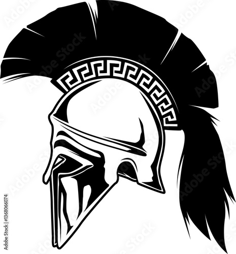 Spartanischer Helm mit Helmbusch und klassischem Muster – Symbol für Stärke, Ehre und antike Kriegertradition im Schwarz-Weiß-Stil.