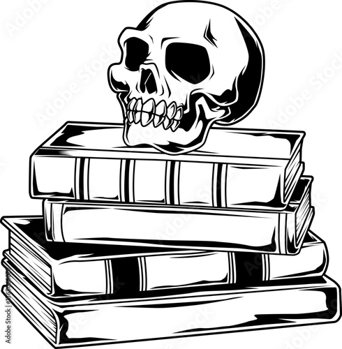 Totenschädel auf einem Stapel alter Bücher – Symbol für Wissen, Vergänglichkeit und dunkle Magie im mystischen, schwarzweißen Stil.