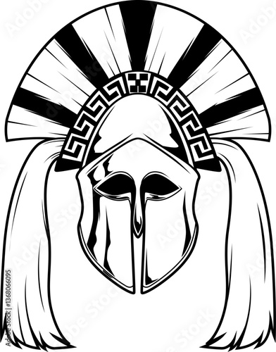 Spartanischer Helm mit Helmbusch und klassischen Mustern, inspiriert von der antiken griechischen Kriegerkultur, in Schwarz-Weiß gestaltet.