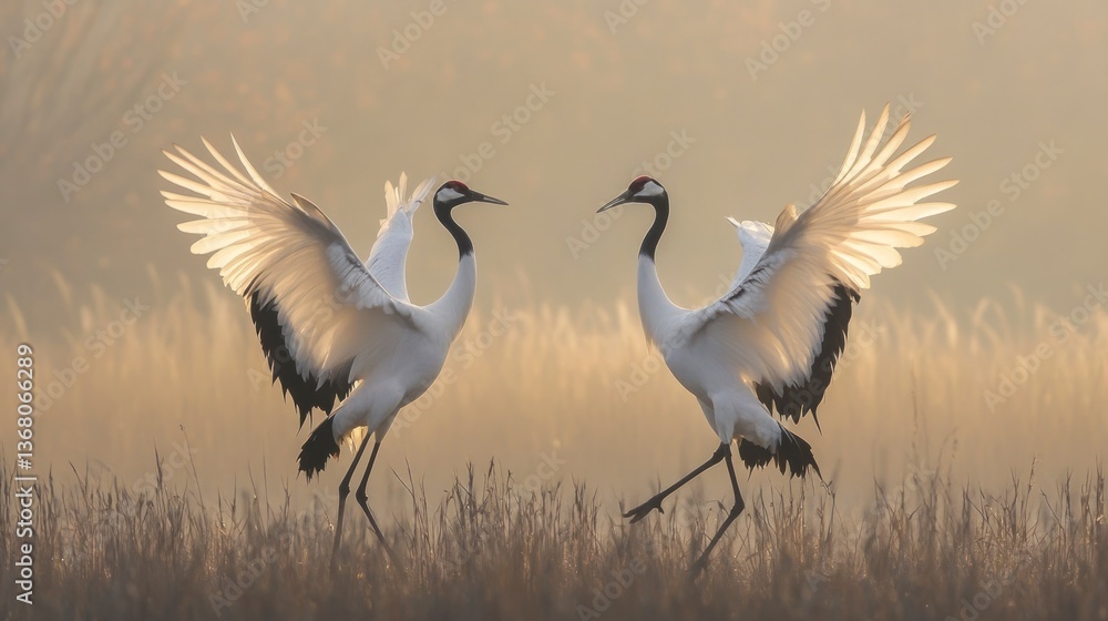 Fototapeta premium Red-crowned cranes courtship dance, misty dawn meadow