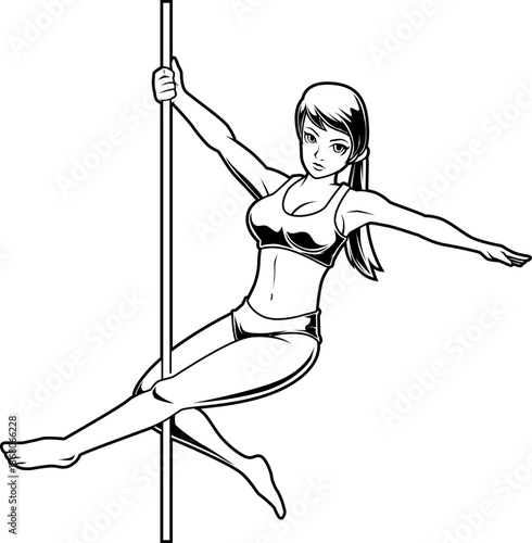 Frau beim Pole Fitness in sportlicher Pose – kraftvolle Körperbeherrschung und Eleganz im Schwarz-Weiß-Stil dargestellt.