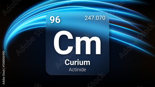 Curium (Cm) (096) Actinide, Glass Morphism Element Futuristic Neon Light Glow Background Periodic Table, Chemical Symbol, Name, Atomic Mass, Atomic Number, Vector Illustration