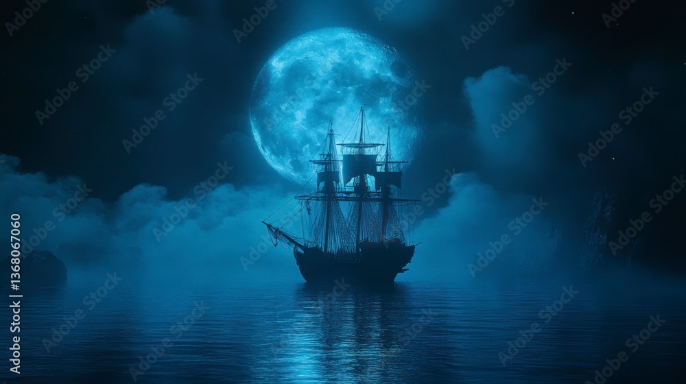 Sailing Ship at Night with Full Moon and Misty Water Scenery Sailing Ship at Night with Full Moon and Misty Water Scenery